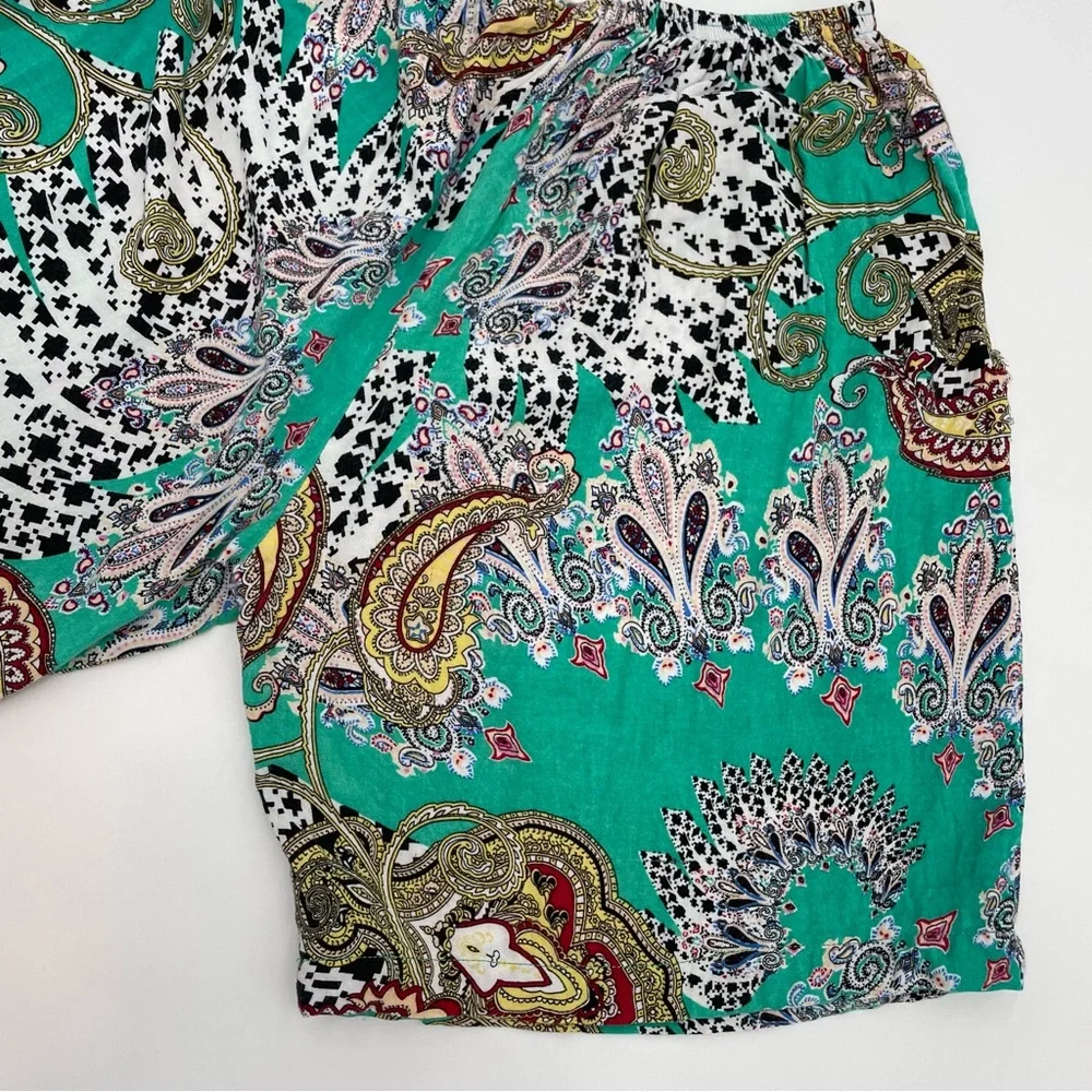 Paisley Shorts Women Lightweight‎ Boho Elastic Waistband PJs Casual Green White